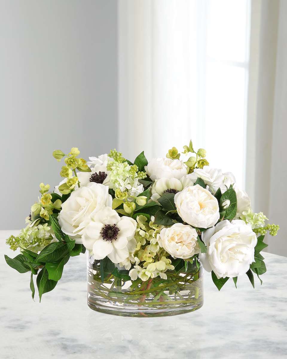 Roses & Anemones 19" Faux Floral Arrangement in Glass Bowl